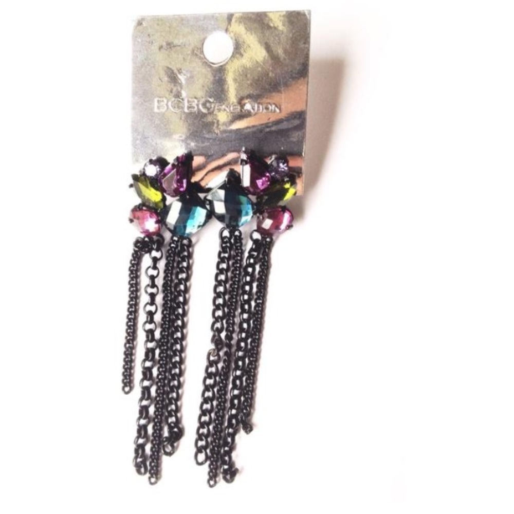 BCBGENERATION EARRINGS BLACK FRINGE GEM RHINESTONE